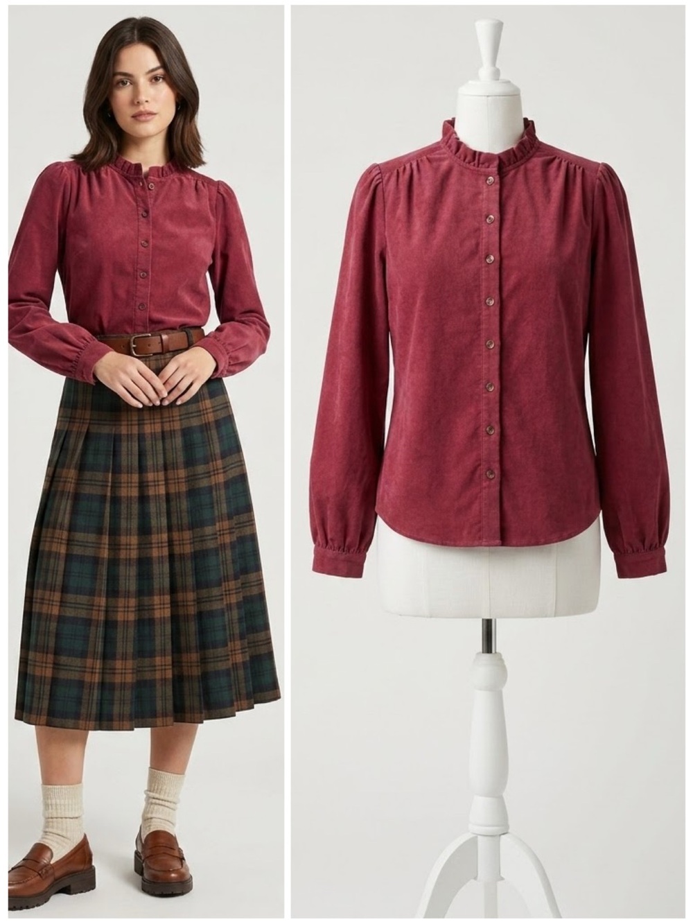 RW&CO Corduroy Ruffle High Neck Balloon Sleeve Button Down Blouse Burgundy Small